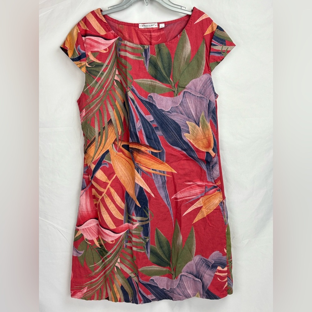 Cristina Vergani Italy Linen Red Tropical Cap Sleeve Vacation Dress Small Midi